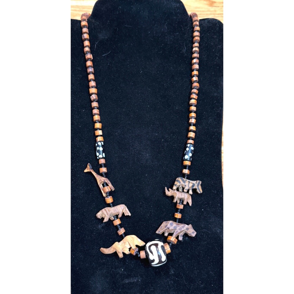 Vintage Hand Carved Wood Safari Animal Necklace Batik Bone Bead Boho Brown 25in